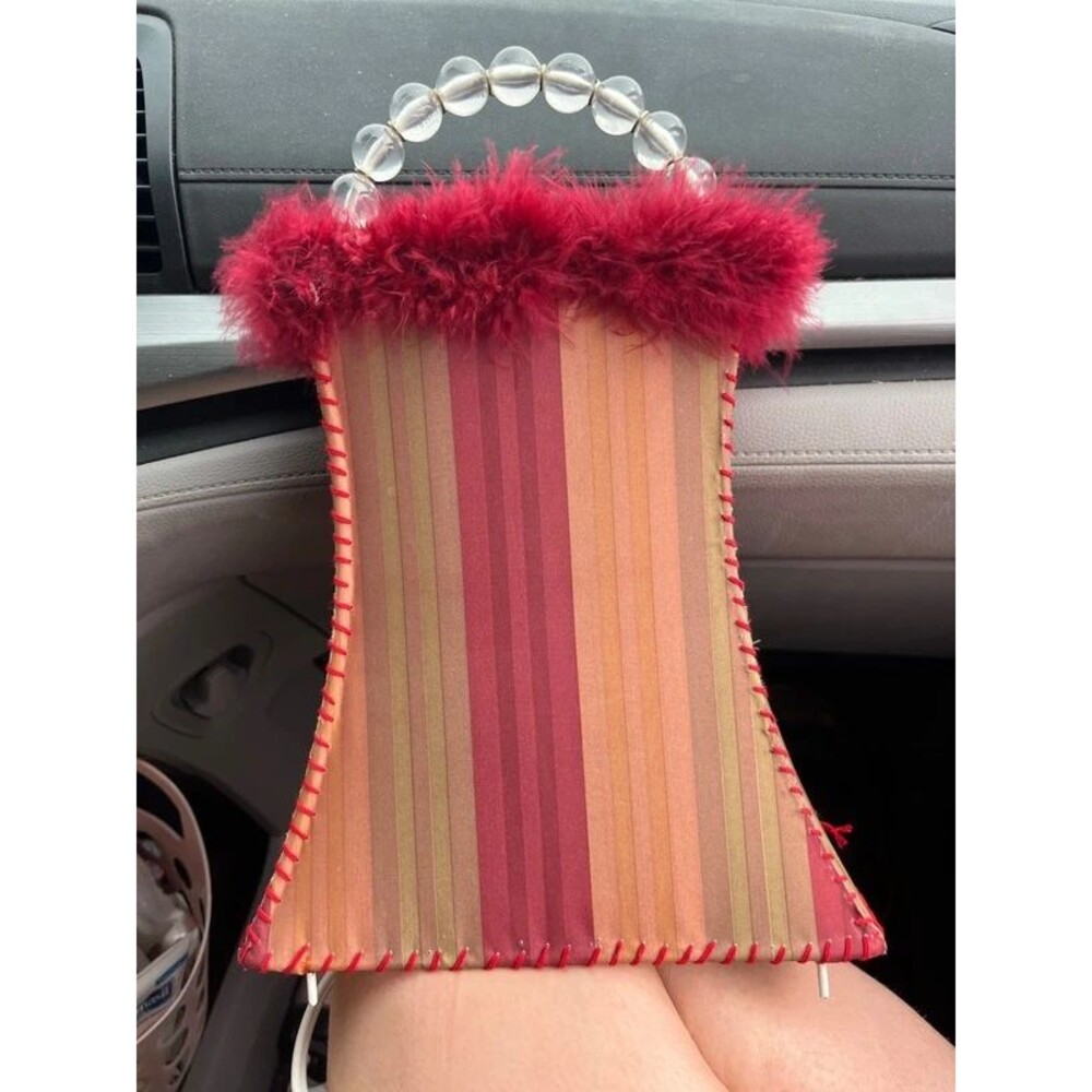 Whimsical Purse Night Light Stripe Beaded Handle Feather Home Decor Lamp Y2K